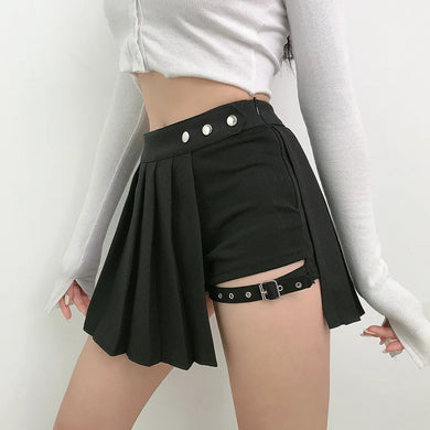 Pleated  Gothic Asymmetrical High Waist Black Skirts