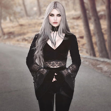 InsGoth Gothic Long Flare Sleeve Lace Elegant Crop Top