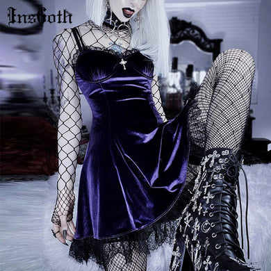 InsGoth Goth Cross Purple Vintage Velvet A Line Lolita Dress