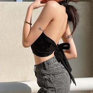 Darlingaga Chinese Style Elegant Jacquard Black Halter Top