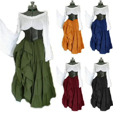 Medieval Gothic Middle Ages Carnival Long Sleeve Pleated Corset Dress