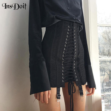 Gothic Vintage Eyelet Lace Up Mini Skirt