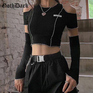 Goth Dark E-girl Style Patchwork Black Open Shoulder Open Sleeve Crop Tops