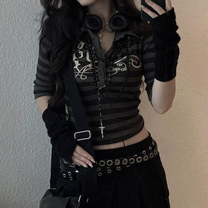 Goth Print Button Up V Neck Half Sleeve Sweat Shirts