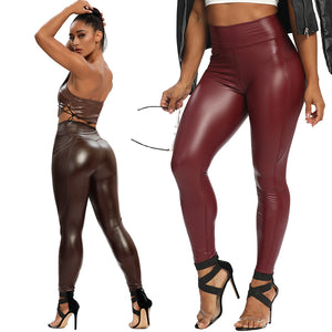 Slim PU Leather Leggings Push Up High Waist With Pockets