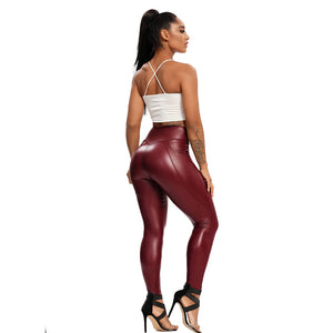 Slim PU Leather Leggings Push Up High Waist With Pockets