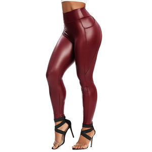 Slim PU Leather Leggings Push Up High Waist With Pockets