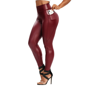 Slim PU Leather Leggings Push Up High Waist With Pockets