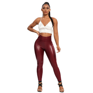 Slim PU Leather Leggings Push Up High Waist With Pockets