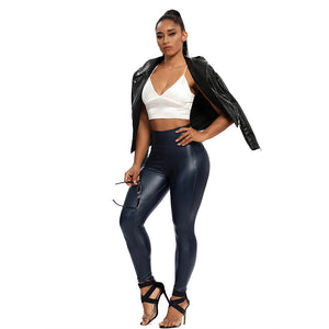 Slim PU Leather Leggings Push Up High Waist With Pockets