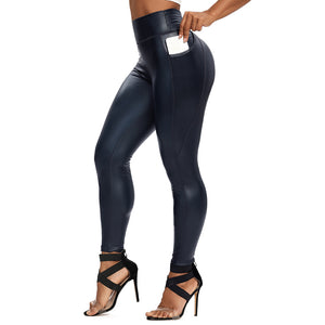 Slim PU Leather Leggings Push Up High Waist With Pockets