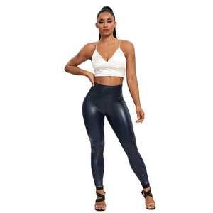 Slim PU Leather Leggings Push Up High Waist With Pockets