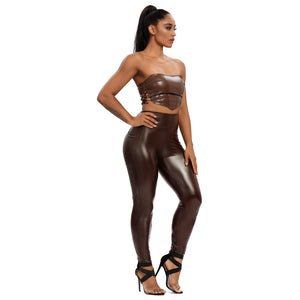 Slim PU Leather Leggings Push Up High Waist With Pockets