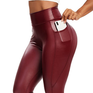 Slim PU Leather Leggings Push Up High Waist With Pockets