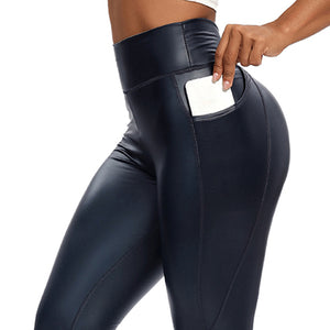 Slim PU Leather Leggings Push Up High Waist With Pockets