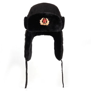 Soviet Army Military Badge Russia Ushanka Bomber Hats Pilot Trapper Aviator Cap Winter Faux Rabbit Fur Earflap Snow Caps hat