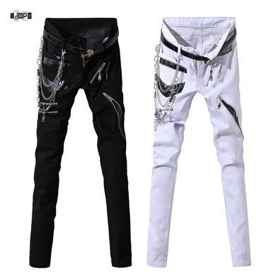 Idopy Premium Jeans With Chain Patchwork Punk Gothic Stagewear